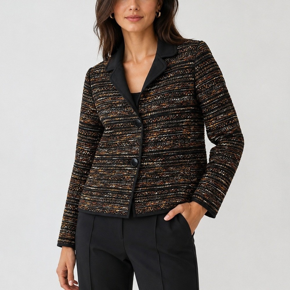 Lafayette 148 Tweed Blazer L Black‎ Brown Striped Textured Jacket